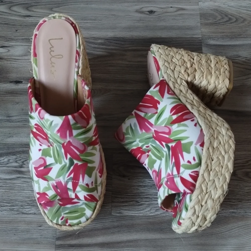 LuLus Ervyn Paradise Tropical Print Raffia Platform Slide Sandals Size 10
